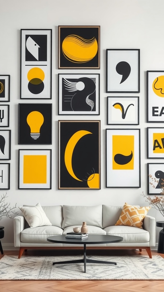 Gallery wall with black and yellow artwork in a stylish living room