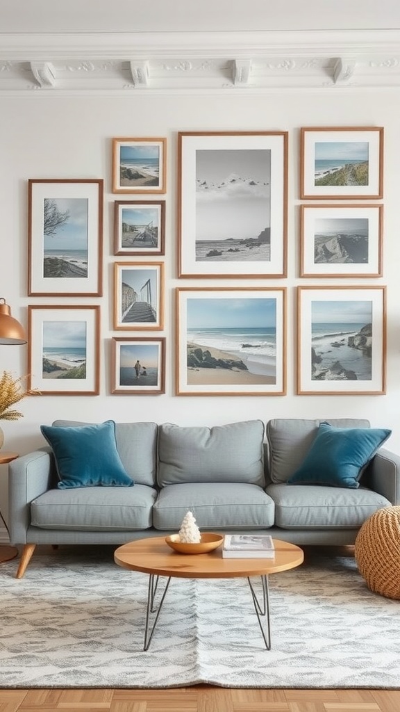 A coastal-themed gallery wall featuring various framed photographs of beaches and landscapes above a gray couch.