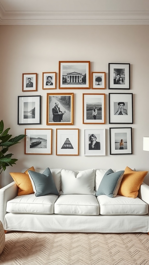 Gallery wall with various black and white framed photos above a white sofa with colorful cushions.