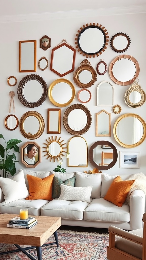 Gallery wall featuring various mirrors of different shapes and sizes in a stylish living room