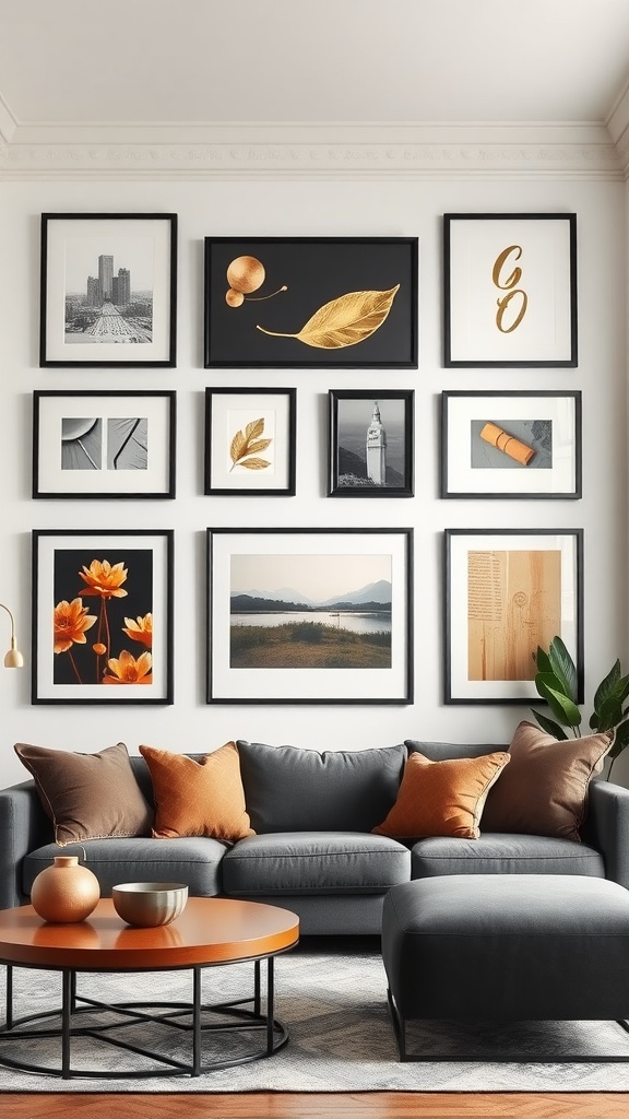 Gallery wall featuring black frames and gold accents above a grey couch with orange pillows.