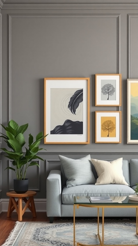 A living room featuring a grey gallery wall with gold frames and various art pieces, complemented by a grey couch and indoor plants.