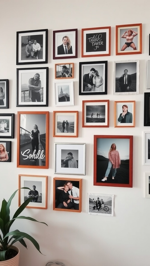 A gallery wall featuring mixed frames with black-and-white photographs and a handwritten quote.