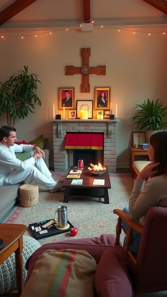 Cozy living room with conversation pit setup for game night.