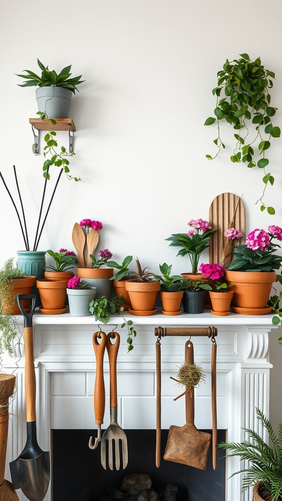 A summer mantel decorated with colorful plants and gardening tools, showcasing a garden-inspired arrangement.