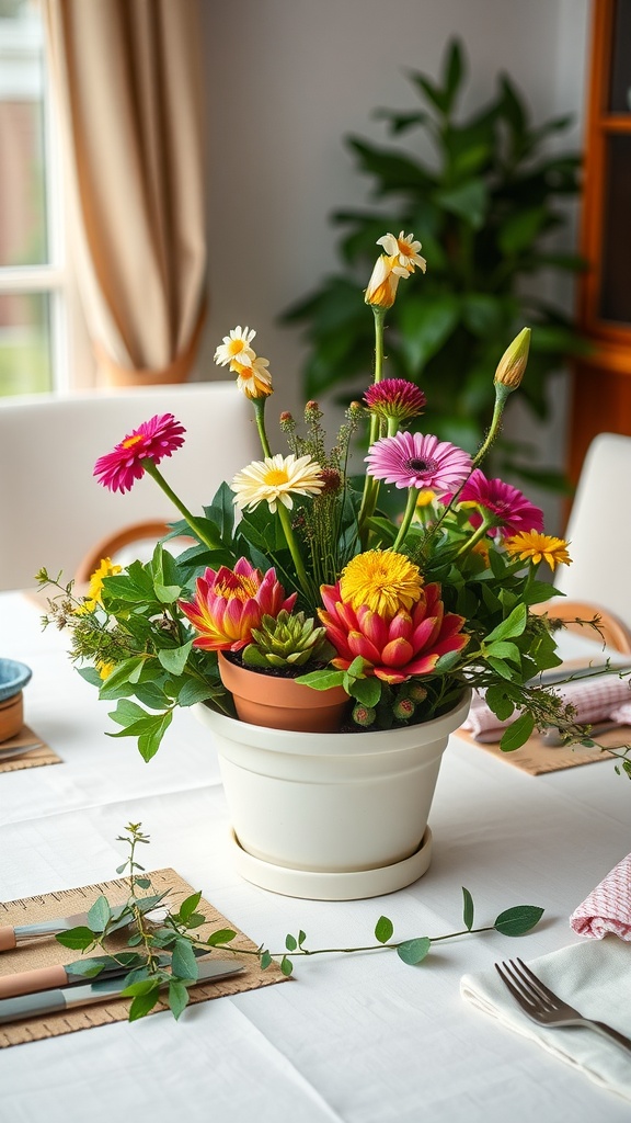 A colorful flower arrangement in a white pot, featuring daisies and succulents, on a dinner table.