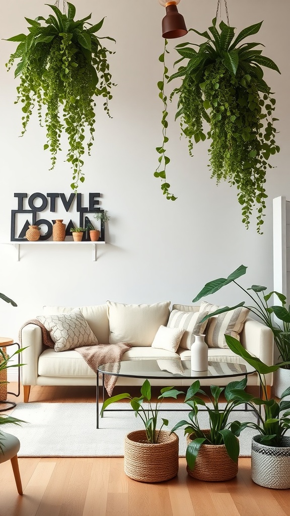 A cozy living room featuring a cream couch surrounded by hanging plants and decorative elements.