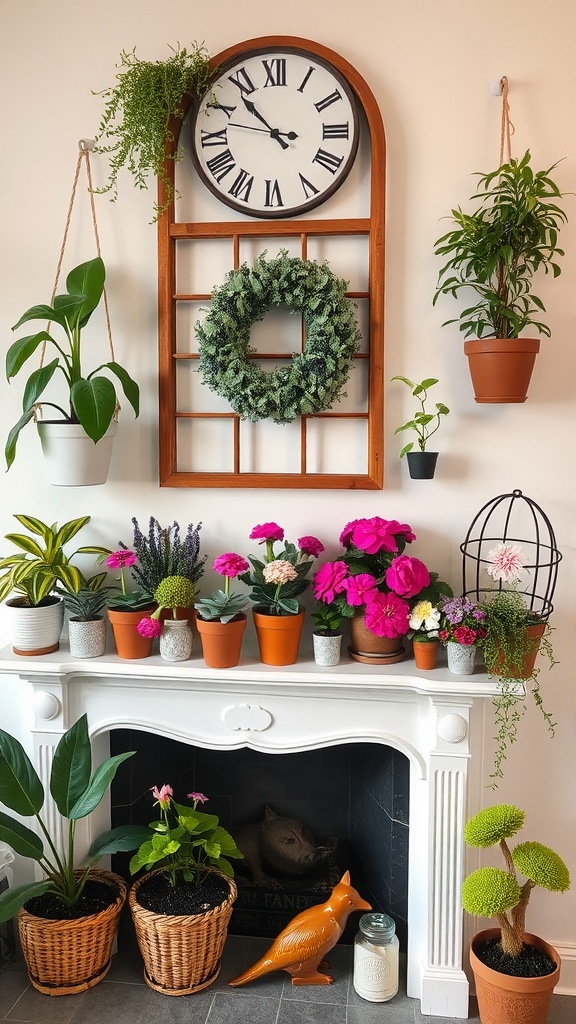 A bright and colorful garden-inspired mantel with a white fireplace, various potted plants, a wall clock, and a wreath.