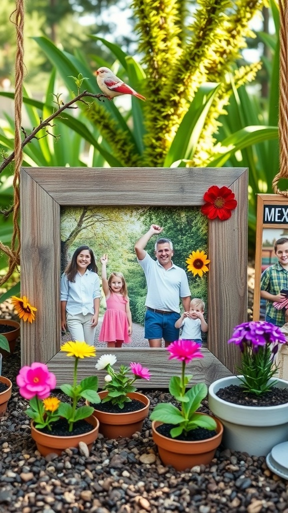 A garden-themed picture frame featuring a family photo, surrounded by colorful flowers and a bird.