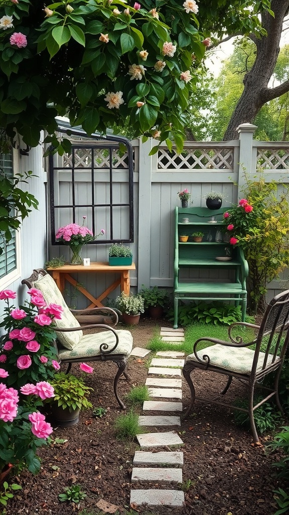 Cozy garden nook with stone pathway and seating surrounded by flowers