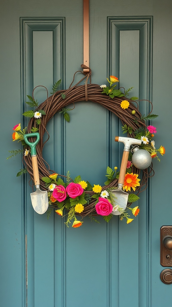 A garden tool wreath with colorful flowers, featuring small shovels and a watering can, displayed on a blue door.