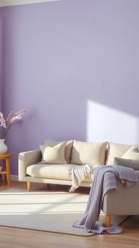 A cozy living room featuring gentle lavender walls, a light couch, and decorative accents.