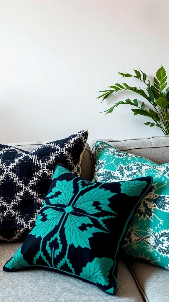 A cozy sofa adorned with black and emerald green throw pillows featuring geometric patterns, surrounded by a green plant.