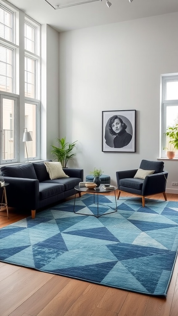 Living room with geometric blue rug, navy sofa, and modern decor