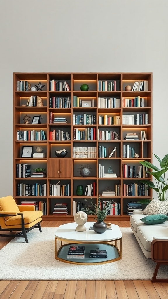 A stylish geometric bookshelf filled with books and decorative items, complemented by cozy seating and a round coffee table.