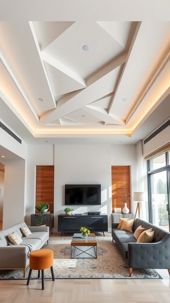 Living room with geometric ceiling design, modern furniture, and ambient lighting