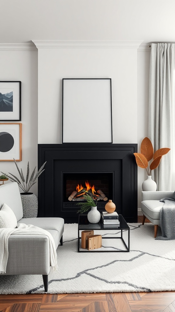 A modern living room featuring a black fireplace, gray sofa, geometric coffee table, and decorative plants.