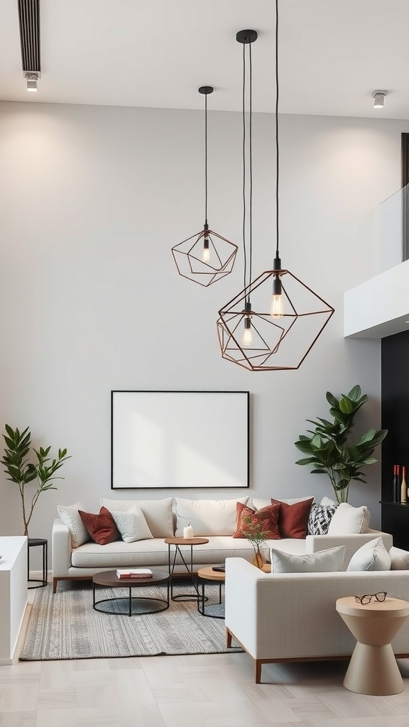 Contemporary living room with geometric pendant lights above a cozy sofa and plants