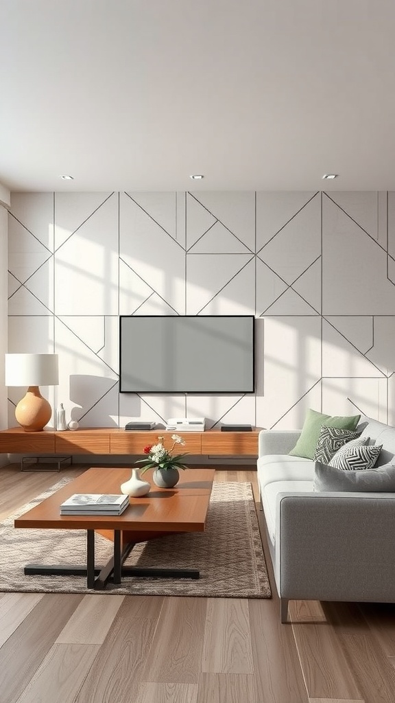 Living room with geometric wallpaper featuring lines and angles, modern furniture, and natural wood tones.