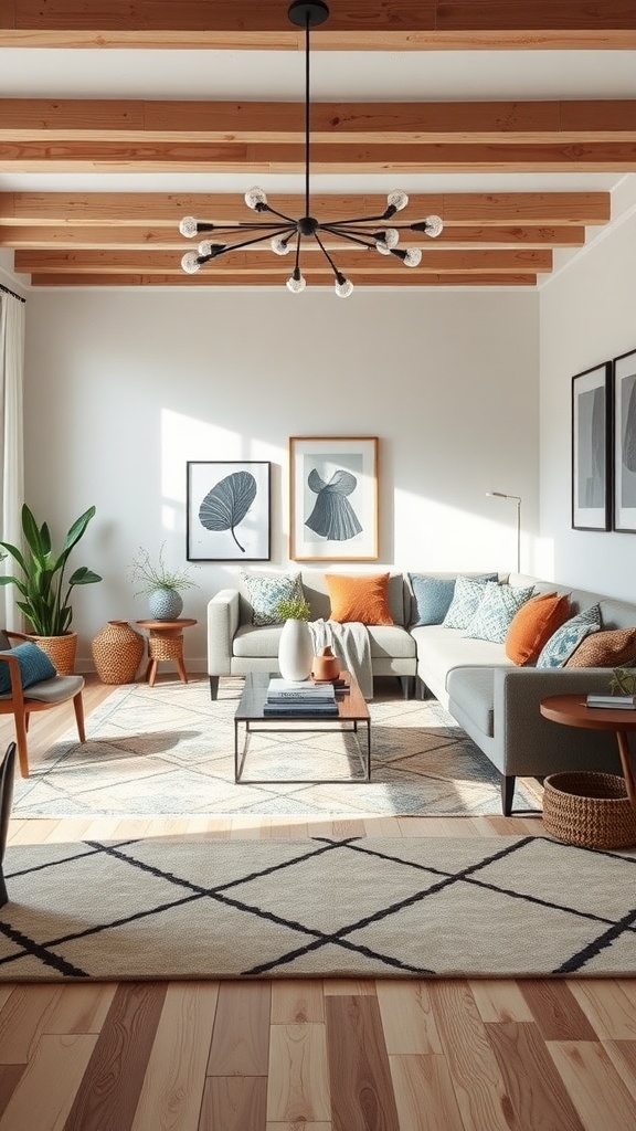 A modern living room featuring geometric patterns in the rug, cushions, and wall art.