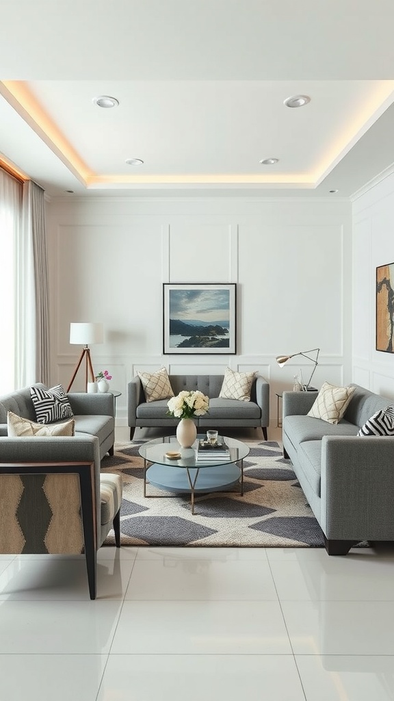 A modern living room featuring gray sofas, a geometric patterned rug, and stylish decor.