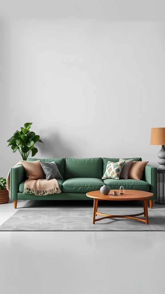 Living room featuring a green sofa with geometric patterned pillows, a round coffee table, and a plant.