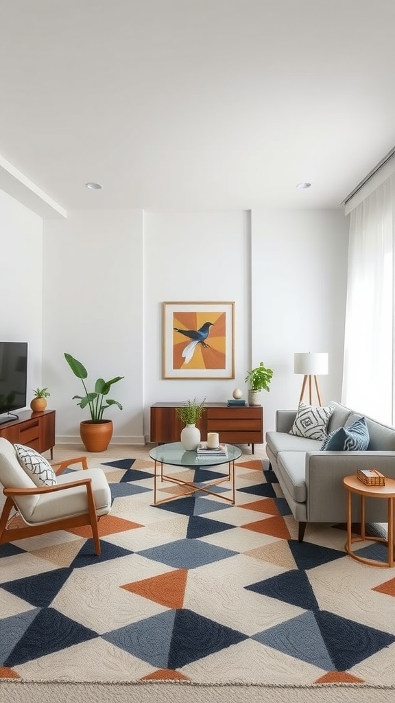 A modern living room featuring a geometric patterned carpet with triangles in warm and cool colors.