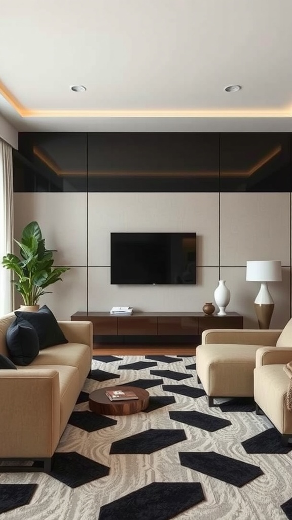 A modern living room featuring beige sofas, a geometric patterned rug, and dark decorative elements.