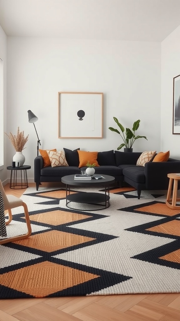 A modern living room with a black sofa, geometric patterned rug, and warm accents.