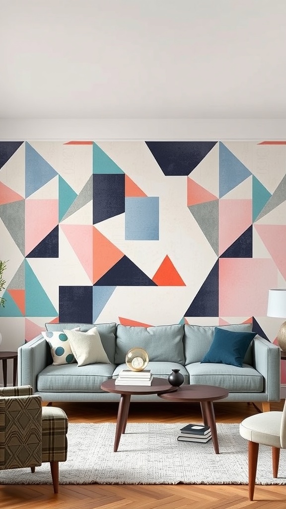 Living room with geometric patterned wallpaper featuring triangles and rectangles in various colors.