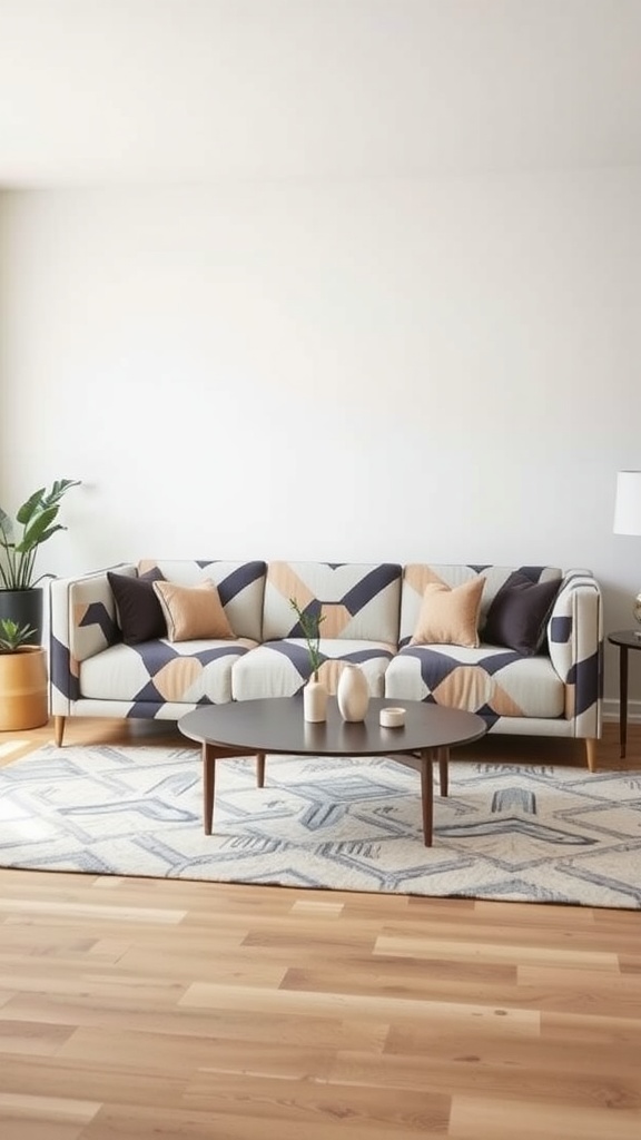 A modern geometric sofa with earthy tones and navy accents, complemented by a round coffee table and stylish decor.