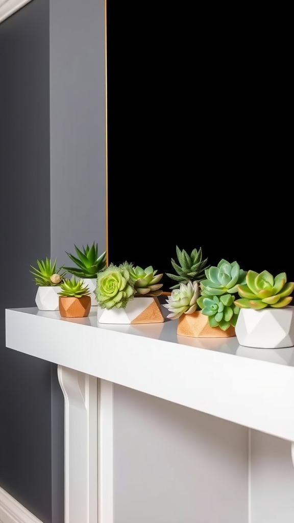 A mantel displaying a collection of succulents in geometric pots, showcasing a modern and stylish arrangement.