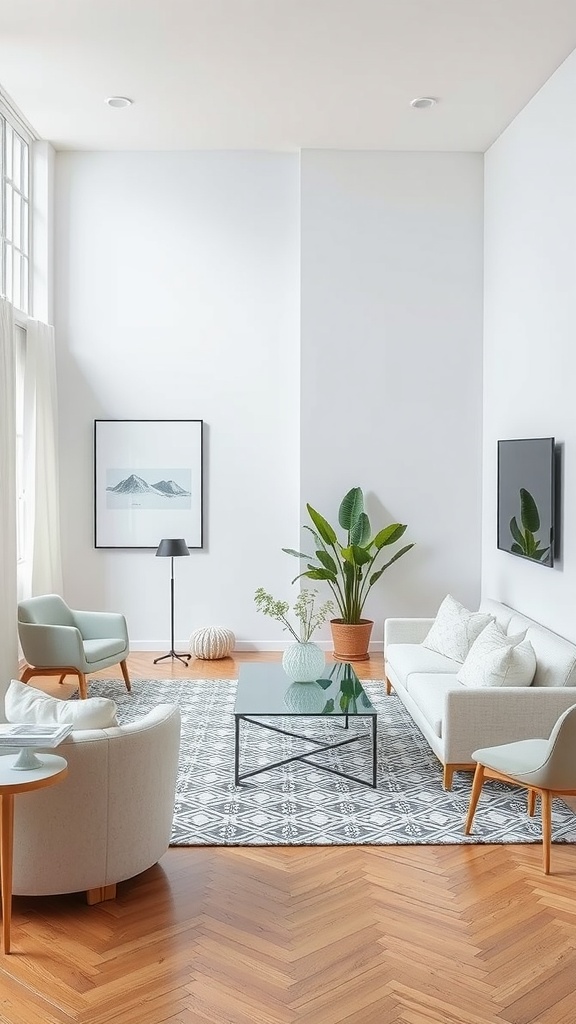 A modern living room featuring geometric designs with white walls, a patterned rug, and light furniture.