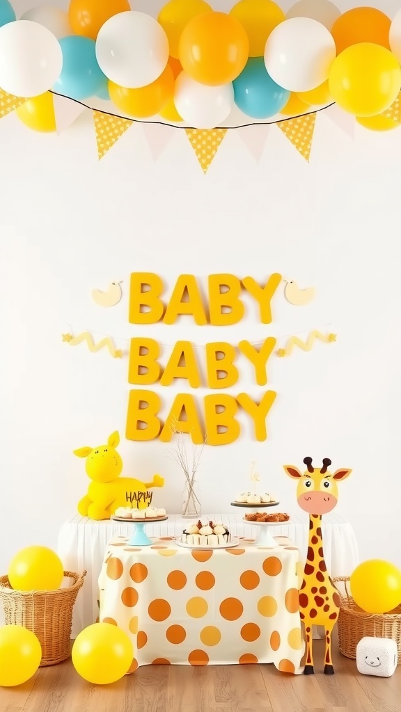 A whimsical baby shower setup featuring giraffe decorations and colorful balloons, with a dessert table decorated with polka dots and a cheerful atmosphere.