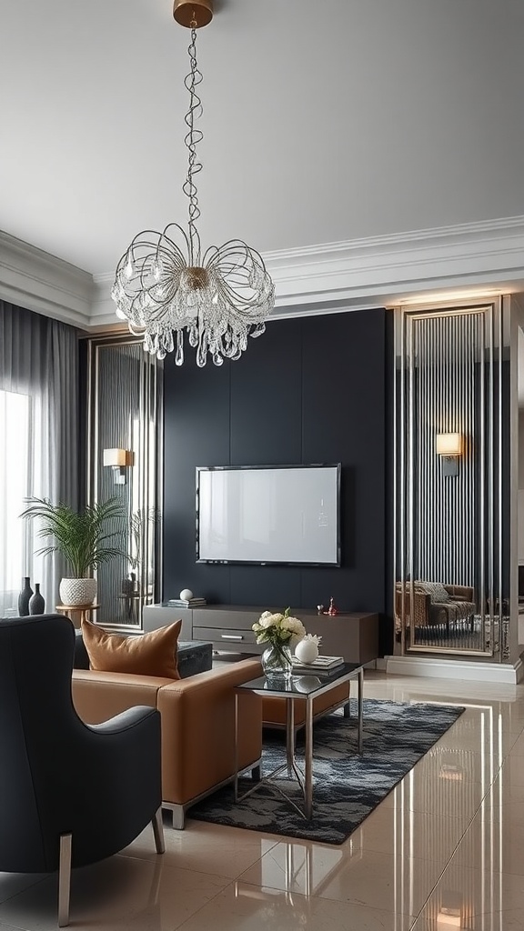 A luxurious living room featuring a black accent wall, stylish furniture, and a stunning chandelier.