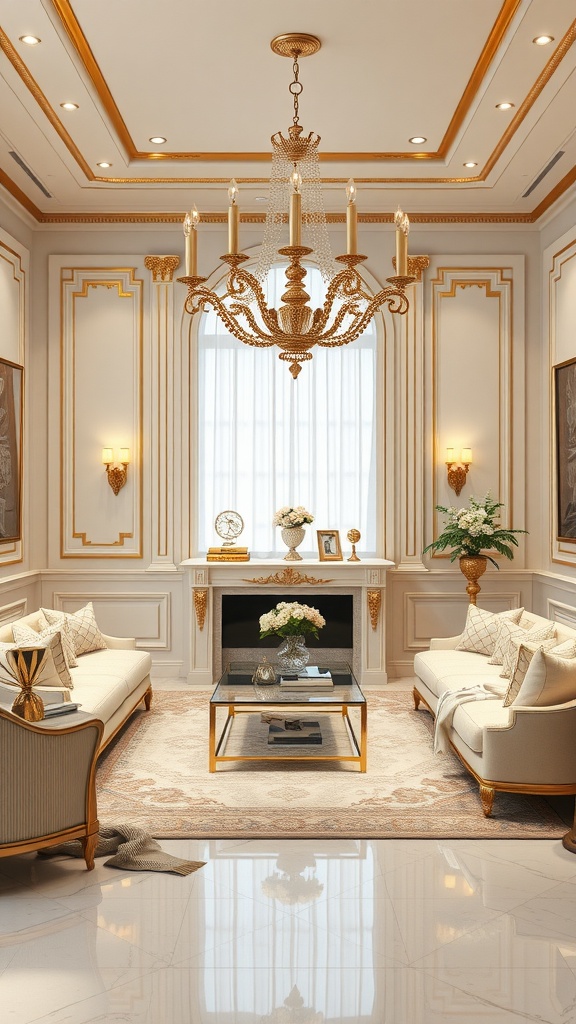 A luxurious living room featuring gold accents, white furniture, and elegant decor