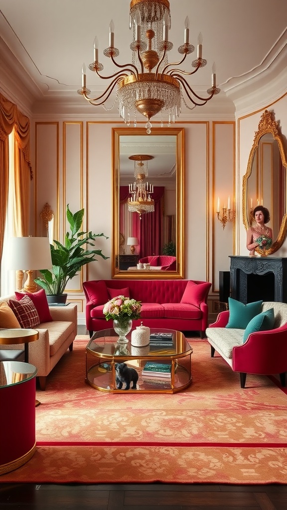 A glamorous living room featuring pink and red sofas, an elegant chandelier, and a decorative mirror.