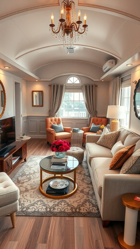 A cozy and elegant mobile home living room with a chandelier, stylish furniture, and decorative accents.