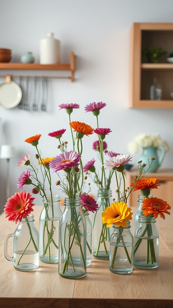 Colorful flowers in various glass bottles on a wooden kitchen table.