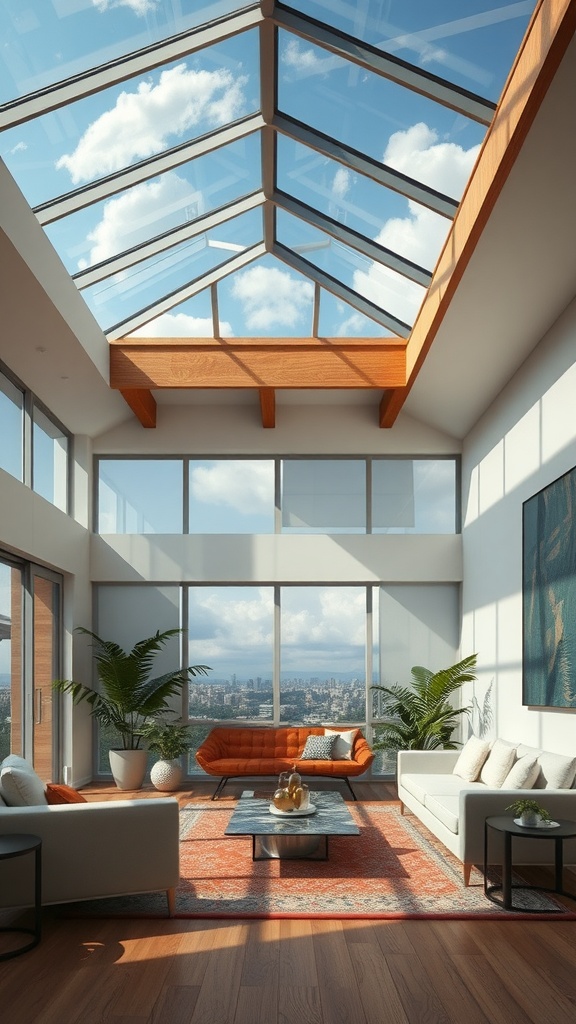 A modern living room with a glass ceiling, showcasing natural light, wooden beams, and stylish furniture.