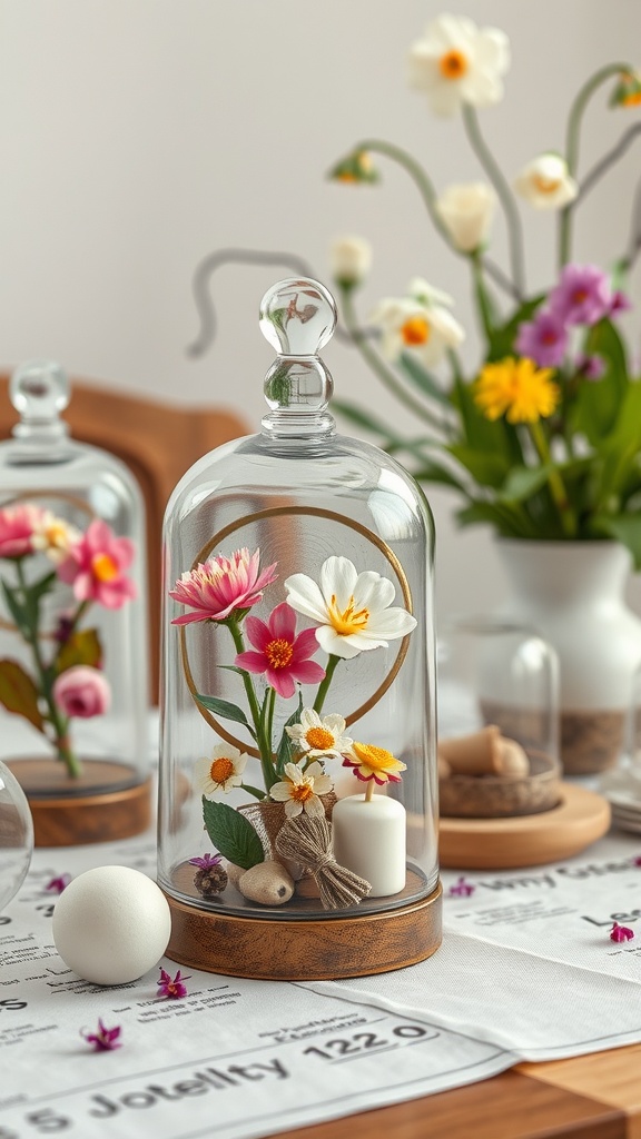 A table setting featuring glass cloches with flowers and decorative items.