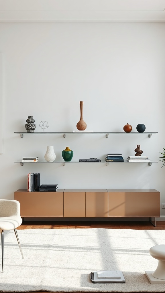 A modern living room with glass shelving displaying decorative vases and books, complemented by a stylish cabinet.