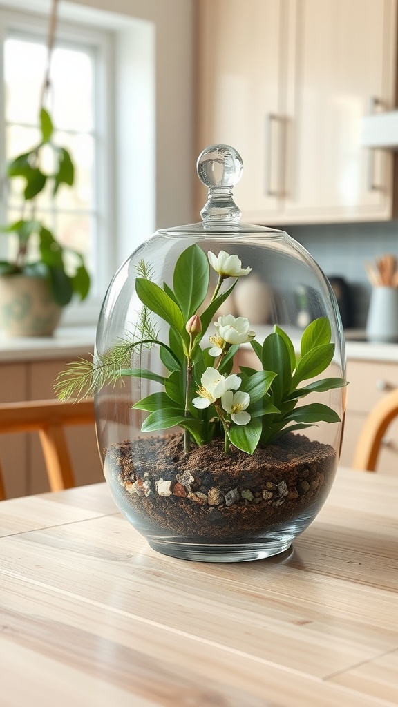 A glass terrarium with spring foliage, featuring green leaves and white flowers, placed on a wooden kitchen table.