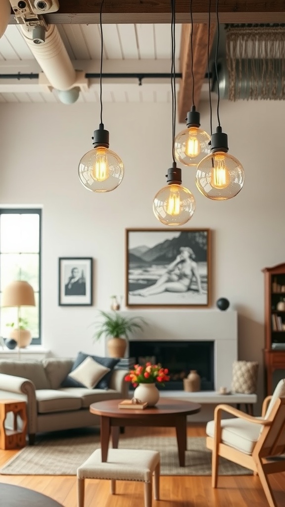 Living room with globe lights hanging from the ceiling, showcasing a cozy atmosphere.