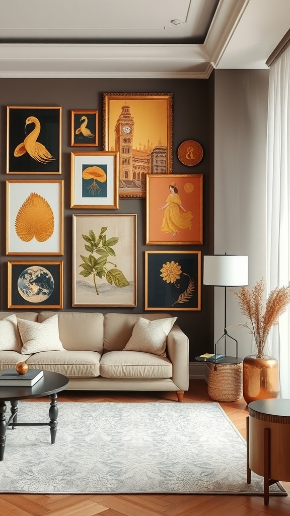 Gallery wall with gold-framed artwork in a living room