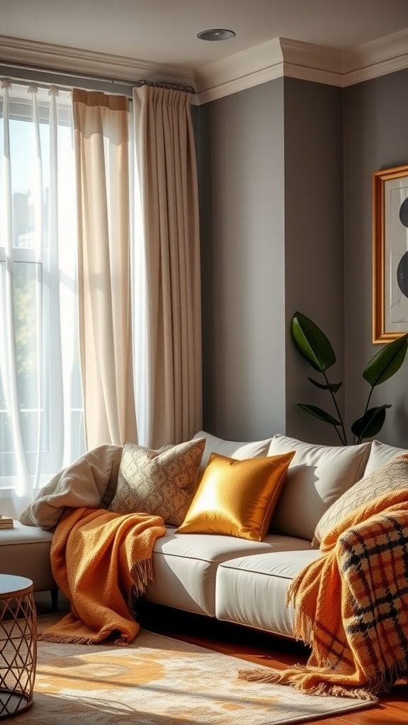 A cozy living room with a soft couch, gold-infused textiles, and warm lighting