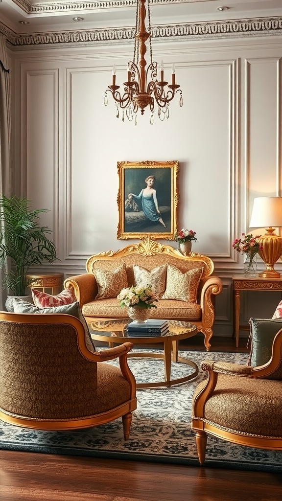 A stylish living room featuring gold-trimmed furniture, including a sofa and chairs, alongside elegant decor.