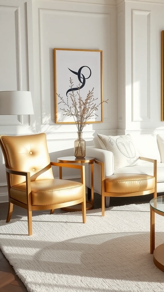 Two gold accent chairs flanking a white sofa in a stylish living room with a decorative vase and artwork on the wall.