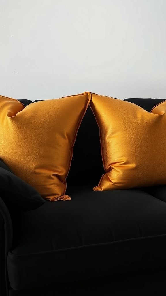 Two gold-accented throw pillows on a black sofa