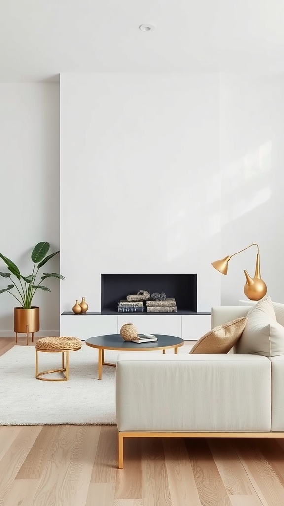 A minimalist living room featuring a white sofa with gold legs, a gold lamp, and a round coffee table with gold accents.